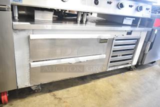 Cooltech commercial 2-drawer chef base on casters, stainless steel, 115 Volts, 1 Phase, visible wear on drawers.