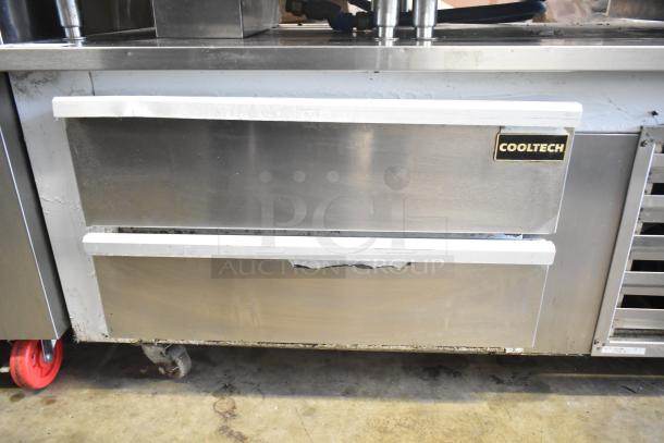Cooltech Commercial 2 Drawer Chef Base on casters, 115 volts, 1 phase, stainless steel, visible wear, Cooltech branding.