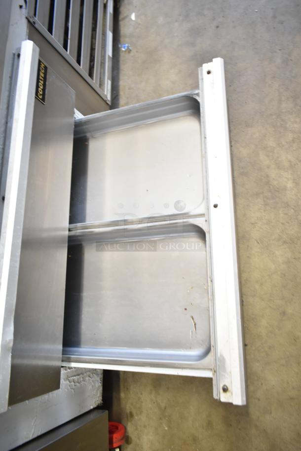 Cooltech Commercial 2 Drawer Chef Base, visible brand label, on casters. 115 Volts, 1 Phase. Clean interior, minor wear.