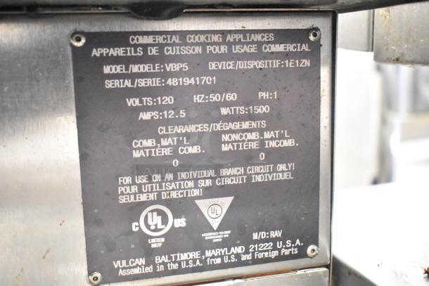 2019 Vulcan VBP5 Heated Holding Cabinet label showing model, serial number, voltage, and UL certification details.
