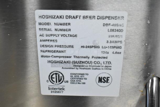 Hoshizaki DBF-40SAC Commercial Beer Dispenser label showing model, voltage, amperage, and certifications.