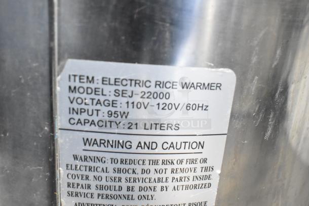 Thunder Group SEJ-22000 Countertop Rice Warmer label. Specs: 110-120V, 95W, 21L capacity. Model SEJ-22000.