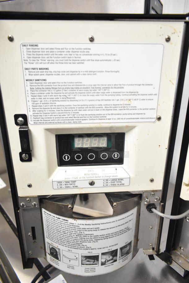 2017 Bunn LCA-1 Marukome Countertop Coffee Dispenser, 120V, clear control panel, instructions for rinsing and sanitizing visible.