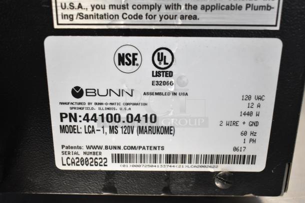 2017 Bunn LCA-1 Marukome coffee dispenser label, 120V, 1 phase, NSF and UL listed. Serial LCA2002622.