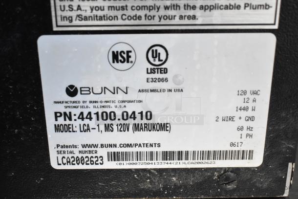 2017 Bunn LCA-1 Marukome liquid coffee dispenser label, 120V, 12A, 1440W, NSF and UL listed, serial LCA2002623.