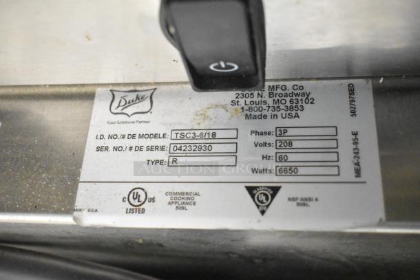 Duke TSC3-6/18 Commercial Oven Proofer label, 208V, 3 Phase, serial 04232930, UL listed, made in USA.
