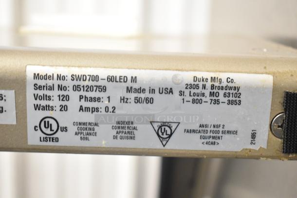 Label of Duke SWD700-60LED M Commercial Sandwich Prep Line, 120V, 1 Phase, Made in USA, UL Listed, Serial No. 05120759.