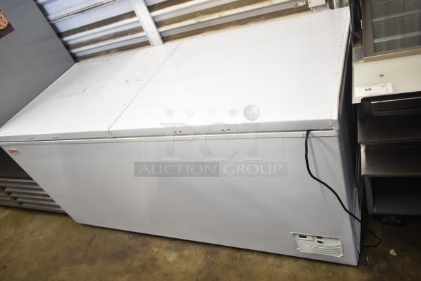 Galaxy 177CF30HC chest freezer, 115 volts, 1 phase, white exterior, visible wear, includes control panel.