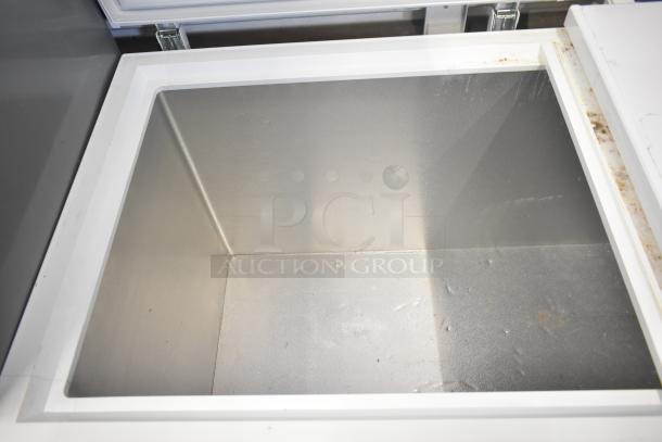 Galaxy 177CF30HC chest freezer open interior view, showing clean, spacious storage. Model runs on 115 volts, 1 phase.