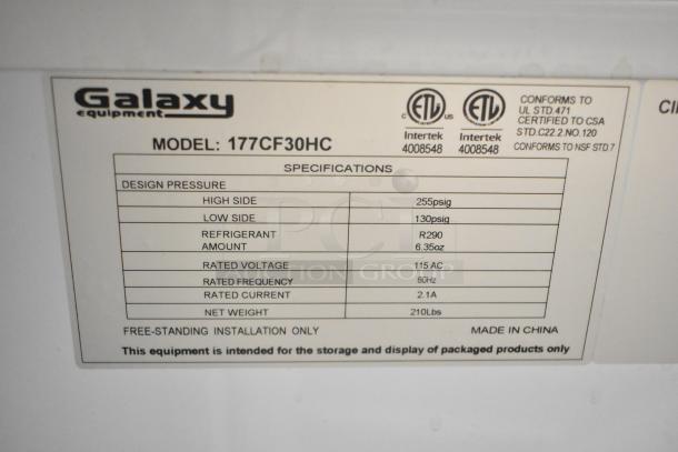 Galaxy 177CF30HC Chest Freezer, 115V, 1 Phase, R290 refrigerant, made in China, ETL certified, 210 lbs, 6.35 oz refrigerant.