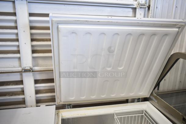 Galaxy 177CF30HC chest freezer, 115V, 1 phase, open lid view showing interior and basket, in good used condition.