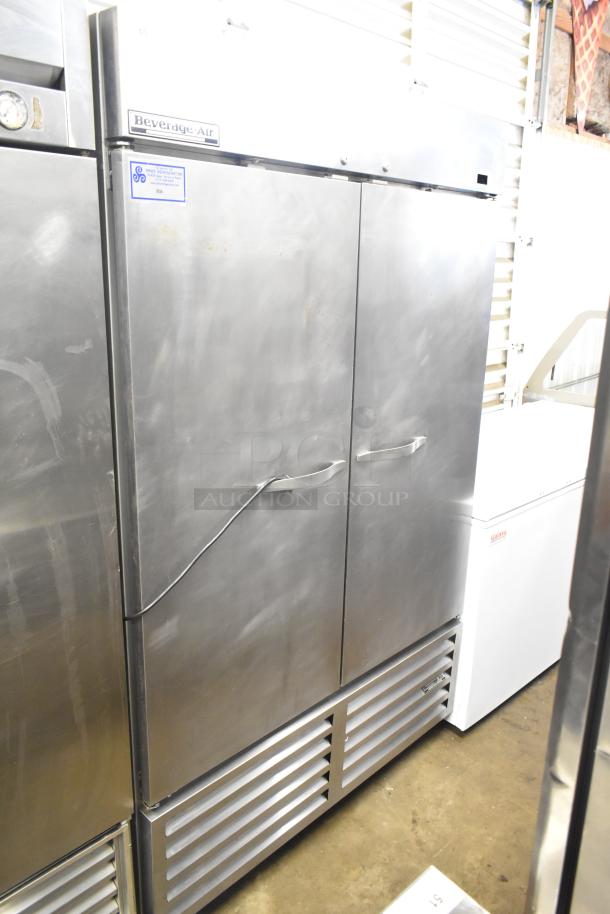 Beverage Air KR48-1AS commercial reach-in cooler, stainless steel, two doors, 115V, 1 phase, with visible wear.