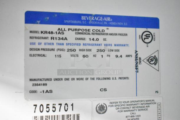 Label of Beverage Air KR48-1AS Cooler, 115V, 1-Phase, using R134A refrigerant. Voltage, pressure, and patent details visible.