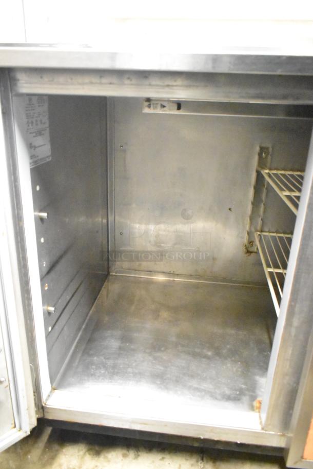 Duke RBC-60 M Commercial 2-Door Work Top Cooler, 120V, 1 Phase. Stainless interior with shelving. Used condition.