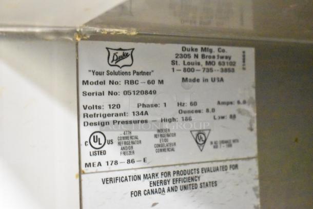 Duke RBC-60 M Commercial 2 Door Cooler label, showing model and specs: 120V, 1 Phase, UL listed, Made in USA.