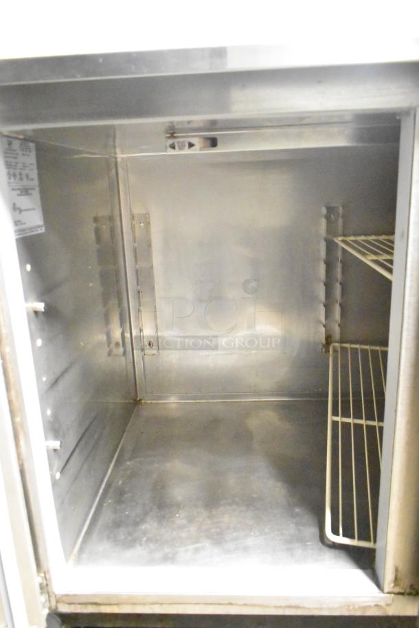 Duke RBC-60 M Commercial 2 Door Work Top Cooler, stainless steel interior, single shelf, 120V, 1 Phase, used condition.