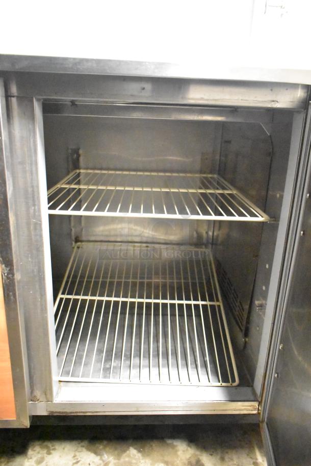 Duke RBC-60 M Commercial 2 Door Work Top Cooler, 120V, Model RBC-60 M, stainless steel, open door view showing shelving.