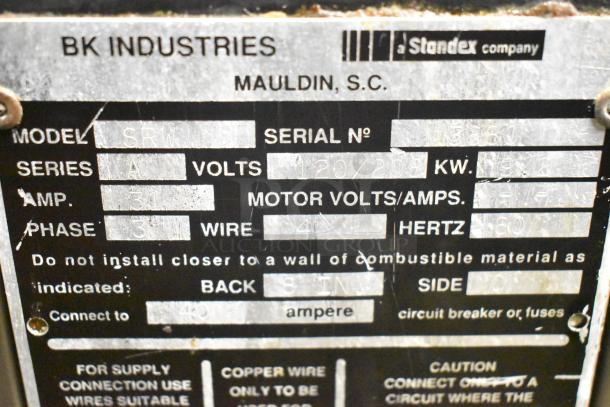 BK Industries SR rotisserie oven label, showing model SR, 120/208 volts, 3-phase. Serial No: 35660. Standex company.