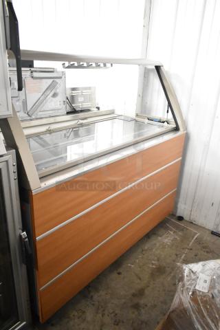 Duke SWD700-60LED M Subway Sandwich Prep Line with lowering sneeze guard, commercial casters, wood finish, 120V, 1 phase.