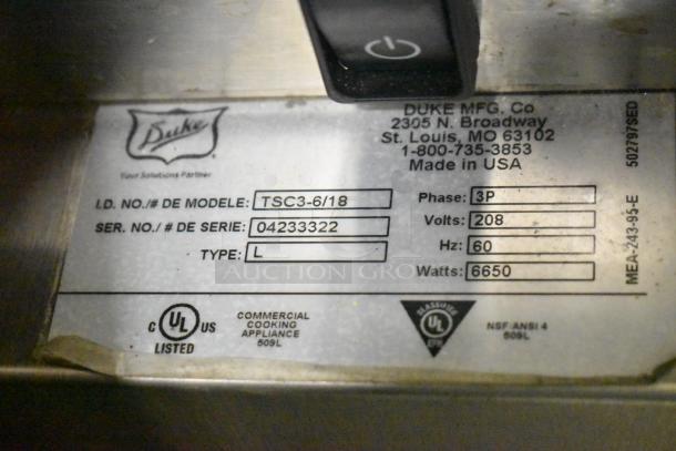 Duke TSC3-6/18 Oven Proofer label showing model, serial number, specs: 208V, 3 phase, 6650 watts, UL listed. Made in USA.