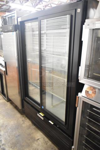Beverage Air MT53-1-SD commercial cooler, 2-door, 115V, 1 phase, glass doors, shelving inside, good condition, energy-efficient.