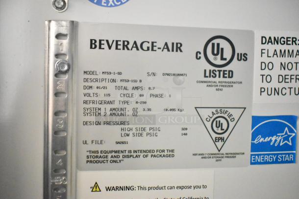 Beverage Air MT53-1-SD cooler label; features UL listing, 115 volts, R-290 refrigerant, Energy Star rating.