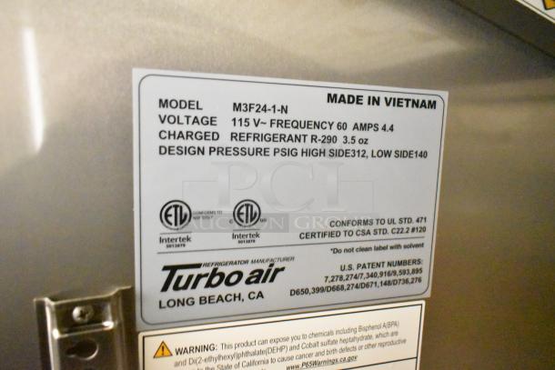 Turbo Air M3F24-1-N freezer label showing voltage, refrigerant type, ETL certifications, and Made in Vietnam marking.