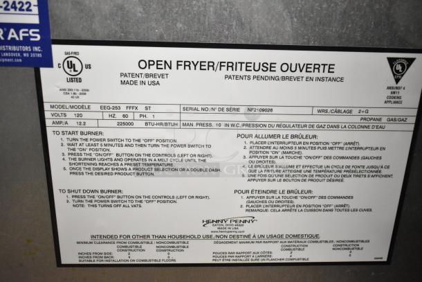 Henny Penny EEG-253 3-bay fryer, propane gas, 225,000 BTU, commercial casters. Includes operational instructions label.