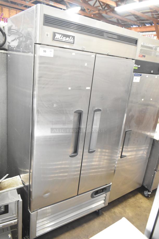 2021 Migali C-2RB-35-HC commercial cooler, 2 doors, stainless steel, 115V, 1-phase, used condition, visible labels.