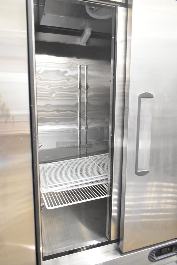 2021 Migali C-2RB-35-HC 2 Door Reach-In Cooler, stainless steel, 115V, 1 Phase, shelves visible, like-new condition.