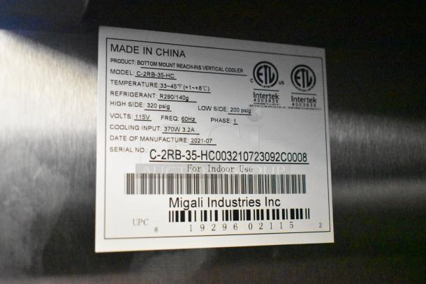 2021 Migali C-2RB-35-HC 2 Door Reach In Cooler, 115V, 1 Phase; ETL certified label shown with specs and serial.