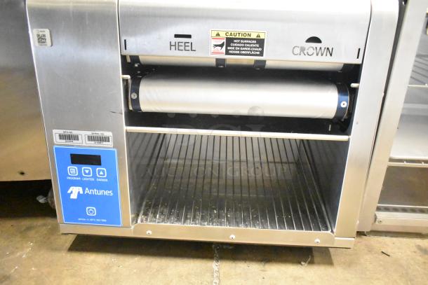 AJ Antunes GST-2H commercial countertop bun toaster, 360 slices/hr, 9/10" opening, 208V, labels show program controls.