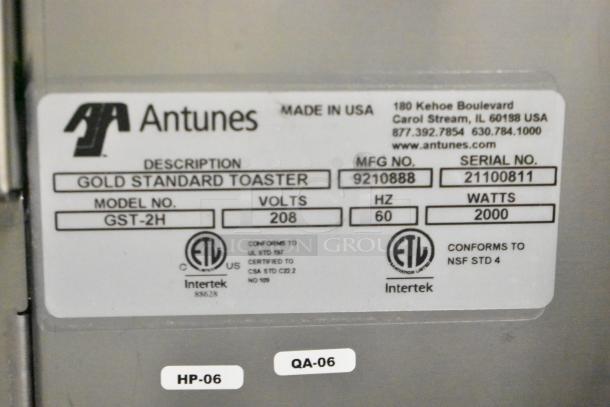 AJ Antunes GST-2H Commercial Bun Toaster label showing model, serial, and manufacturing details. 208V, 2000W.