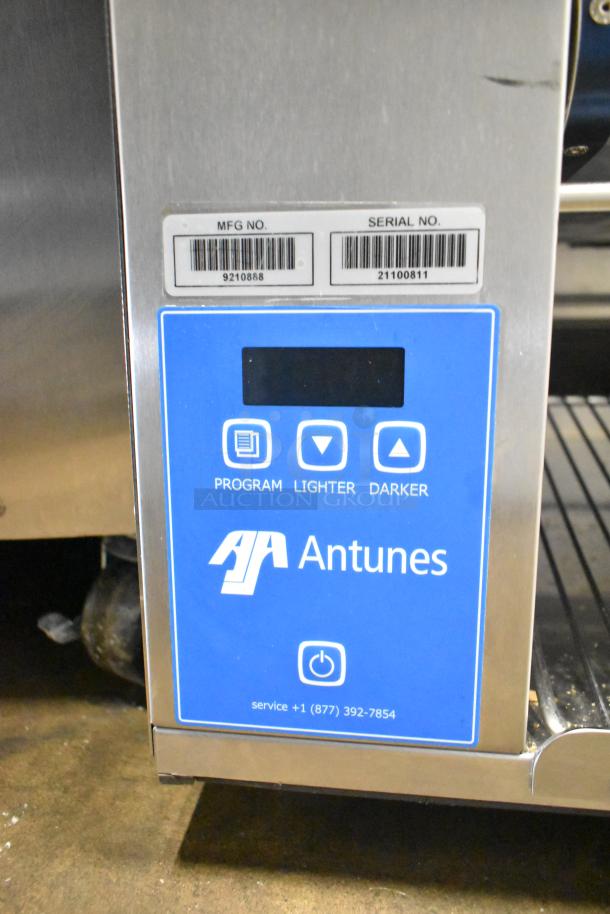 AJ Antunes GST-2H commercial toaster, 360 slices/hr, 9/10" opening, 208V, 1 phase. Control panel shown with serial and model info.