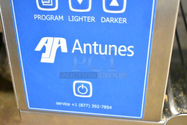 AJ Antunes GST-2H bun toaster control panel, blue branding, service info, ideal for commercial use.