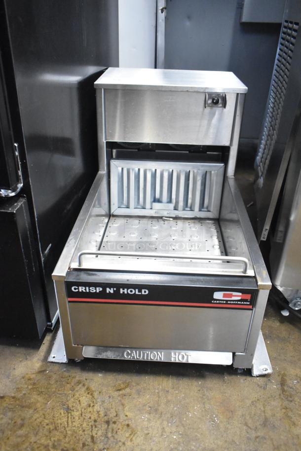 Carter Hoffmann CNH14 countertop fried food warmer, stainless steel, Crisp 'N Hold model, 120V, used condition, "Caution Hot" label.