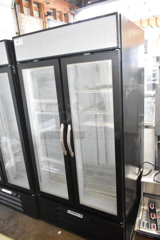 Beverage Air MMF35HC-1-B commercial 2-door reach-in freezer, black, with glass doors and internal shelving, 115 volts, 1 phase.