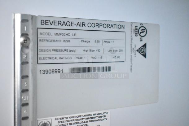 Beverage Air MMF35HC-1-B label showing 115V, 1 phase, R290 refrigerant, design pressure 450/250 psig.