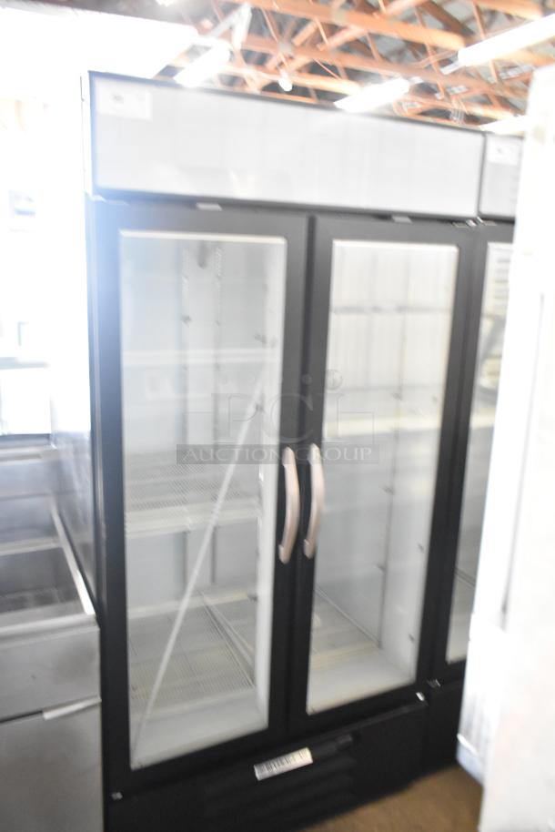 Beverage Air MMF35HC-1-B commercial 2-door reach-in freezer, black frame, glass doors, shelves visible, 115 volts, 1 phase.
