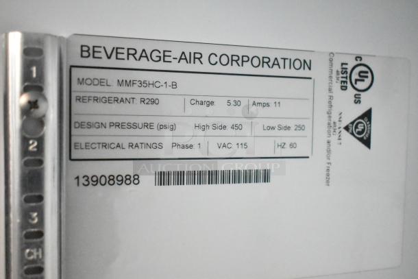 Beverage Air MMF35HC-1-B Freezer label showing model, refrigerant R290, design pressure, and electrical ratings.
