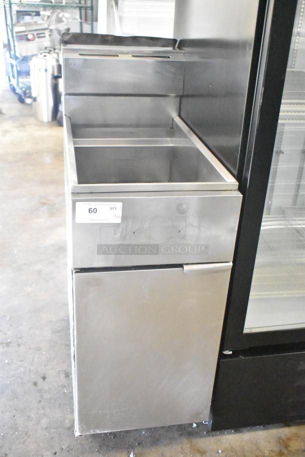 Commercial floor-style gas-powered deep fat fryer in stainless steel, with visible label indicating auction lot number 60. Appears in good condition.