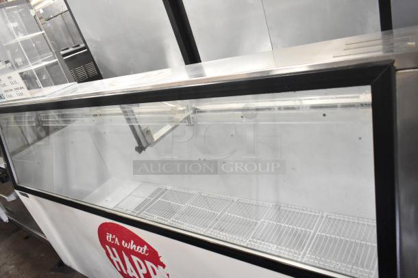 Master-Bilt commercial ice cream dipping cabinet, 115 volts, 1 phase, clear glass front, freestanding, white body with red print.