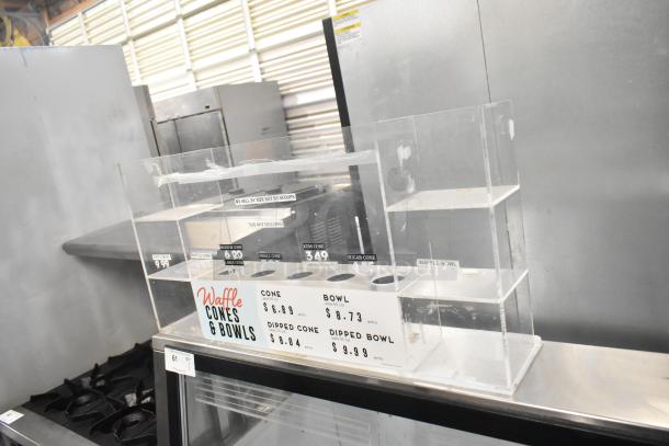 Master-Bilt Commercial Ice Cream Dipping Cabinet, 115 Volts, 1 Phase. Includes visible cone and bowl pricing signage.