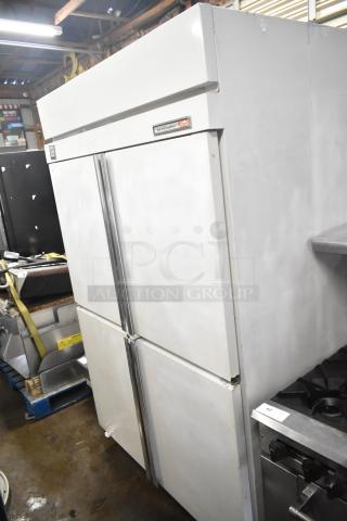 Kelvinator T5CHSGHP-4 commercial fridge with 4 half-size doors, visible brand label. 115/208-230 volts, 1 phase. Used condition.