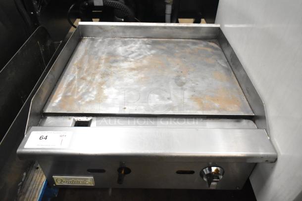 Qualite Commercial Countertop Gas Griddle, stainless steel, used, visible wear, front control knobs, model label visible.