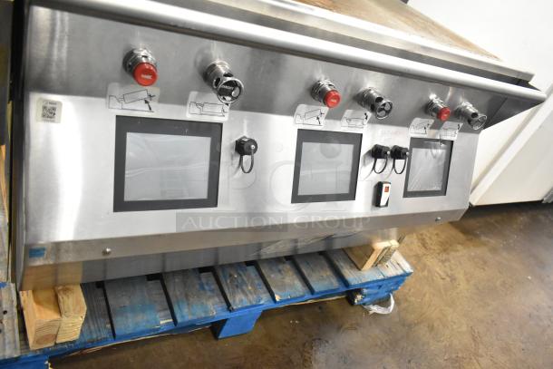 Commercial electric flat top griddle with 3-section panini-style clam shell, stainless steel, multiple control knobs.