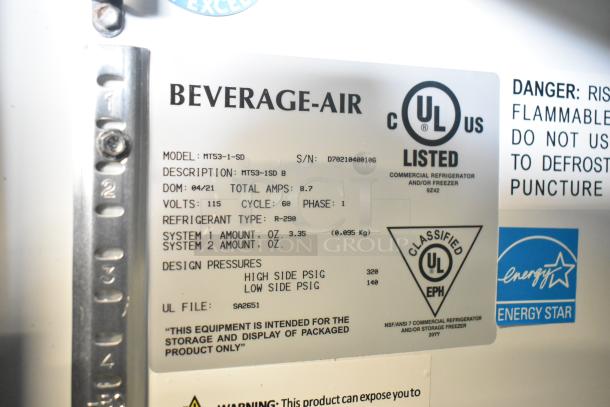 Beverage Air MT53-1-SD commercial cooler label shows model, specifications, UL listing, and Energy Star certification.