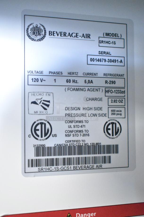 Beverage Air SR1HC-1S commercial cooler label, showing model, serial number, voltage, and certifications.