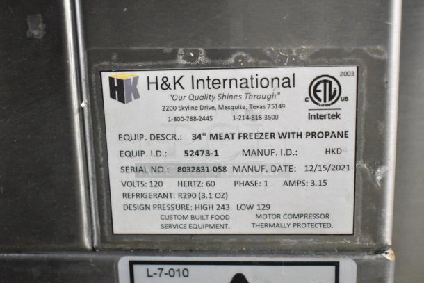 2021 H&K Commercial French Fry Freezer, 120V, 1 Phase, Serial 8032831-058, manufactured 12/15/2021. H&K label visible.