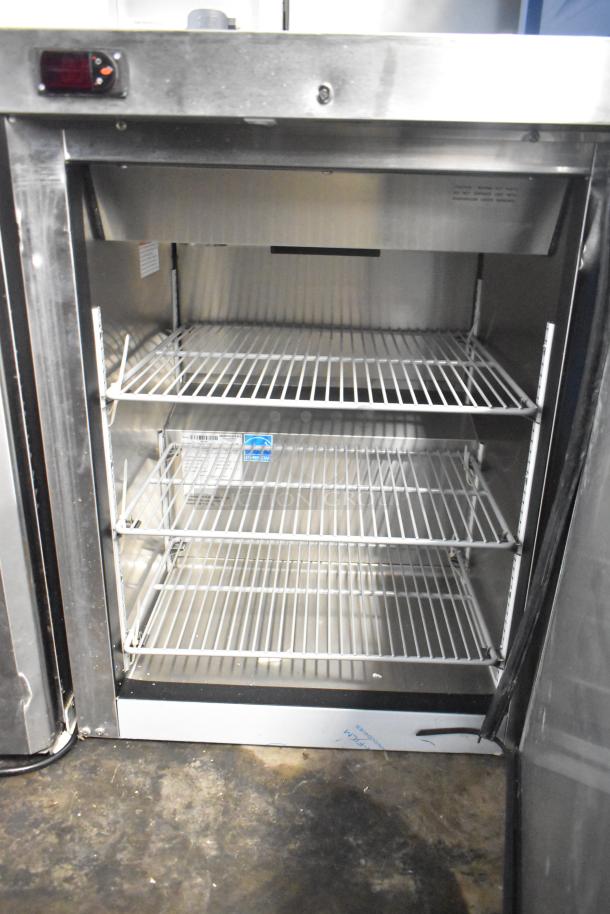 2021 Hoshizaki HR24C commercial undercounter cooler, single door, shelves visible, 115 volts, 1 phase, excellent condition.